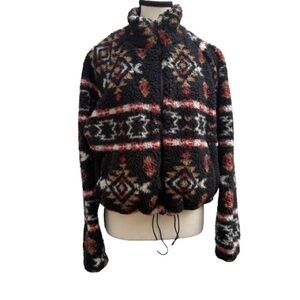 Love Tree Aztec Sherpa Jacket M Black Red Tan Boho Western Zip Up Cozy Fleece
